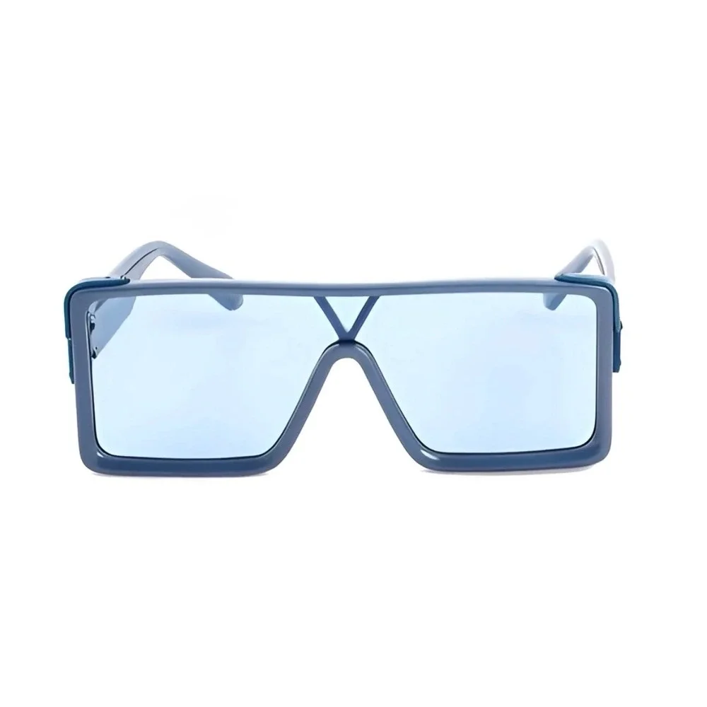 Mens Blue Oversized Square Shield Sunglasses Futuristic Flat‎ Top V-Bridge Shade